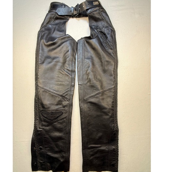 Harley Davidson Chaps Men M Black Willie G Leather Braided Trim Biker Moto USA